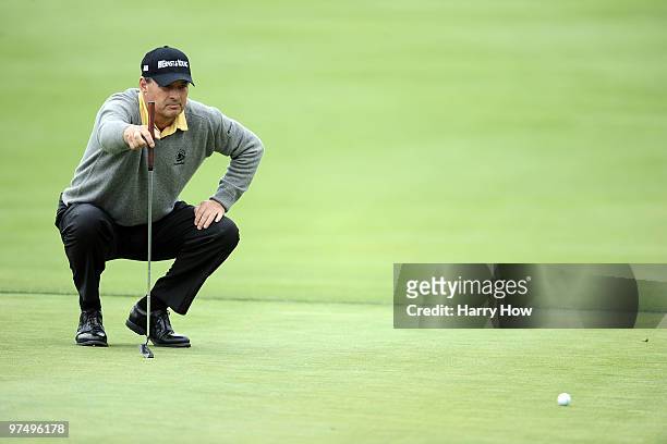 Loren Roberts lines up his putt on the 16th hole during the second round of the Toshiba Classic at the Newport Beach Country Club on March 6, 2010 in...