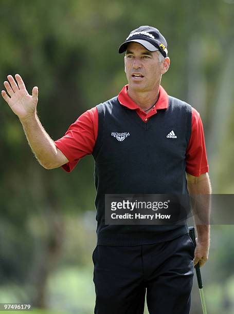 Corey Pavin reacts to his birdie on the 11t hole during the second round of the Toshiba Classic at the Newport Beach Country Club on March 6, 2010 in...