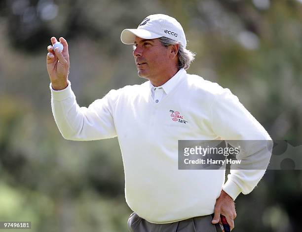 Fred Couples reacts to his birdie on the seventh hole during the second round of the Toshiba Classic at the Newport Beach Country Club on March 6,...