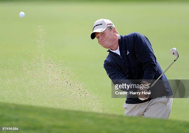 Lonnie Nielsen hits out of the bunker on the 11th hole during the second round of the Toshiba Classic at the Newport Beach Country Club on March 6,...