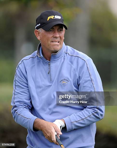 Tom Lehman watches his tee shot on the sixth hole during the second round of the Toshiba Classic at the Newport Beach Country Club on March 6, 2010...