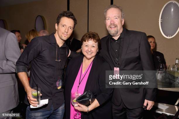 Jason Mraz, Mary Jo Mennella, and Don Schlitz pose backstage during the Songwriters Hall of Fame 49th Annual Induction and Awards Dinner at New York...