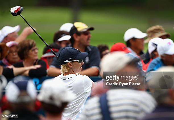 Karrie Webb of Australia hits a tee shot on the 1st hole during round four of the 2010 ANZ Ladies Masters at Royal Pines Resort on March 7, 2010 in...