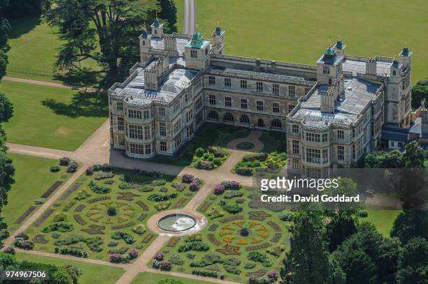 Aerial view of Audley End House, this 17th century Jacobean mansion is located 14 miles south of Cambridge on the banks of River Cam and 1 mile east...