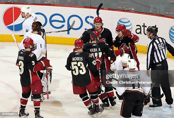 Petr Prucha of the Phoenix Coyotes celebrates with teammates Keith Yandle, Derek Morris, Radim Vrbata and Martin Hanzal after Prucha scored a...