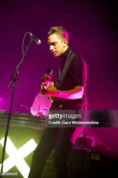 Oliver Sim of the XX performs on stage at Manchester Academy on March 6, 2010 in Manchester, England.