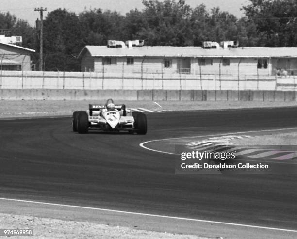 Alain Prost drives in the 1982 Caesar's Palace Grand Prix Formula One race on September 25, 1982 in Las Vegas, Nevada.