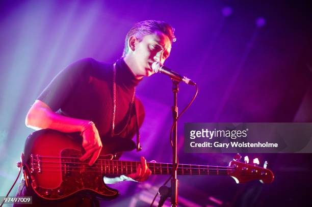 Oliver Sim of The XX performs on stage at Manchester Academy on March 6, 2010 in Manchester, England.