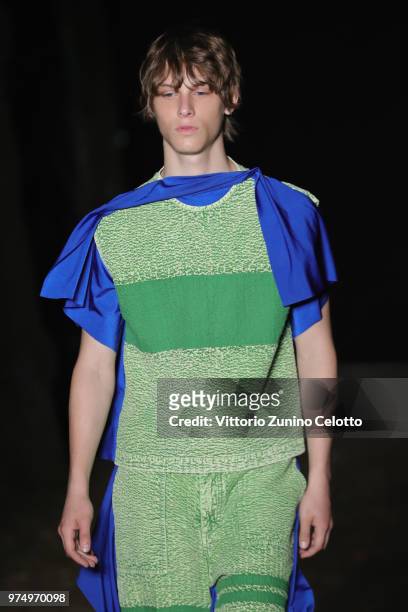 Model walks the runway at the Craig Green show during the 94th Pitti Immagine Uomo on June 14, 2018 in Florence, Italy.