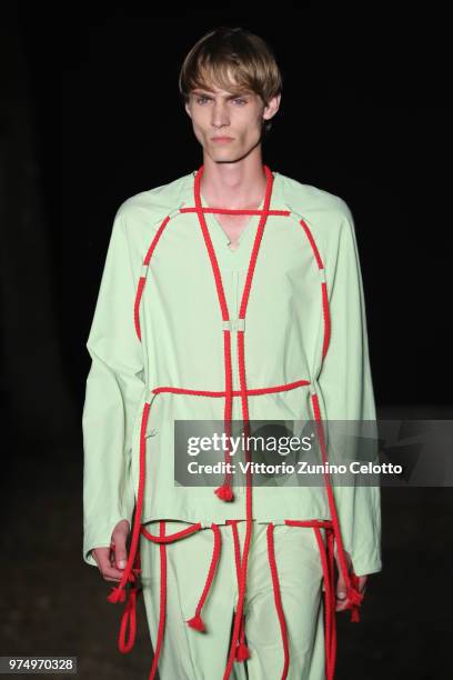 Model walks the runway at the Craig Green show during the 94th Pitti Immagine Uomo on June 14, 2018 in Florence, Italy.