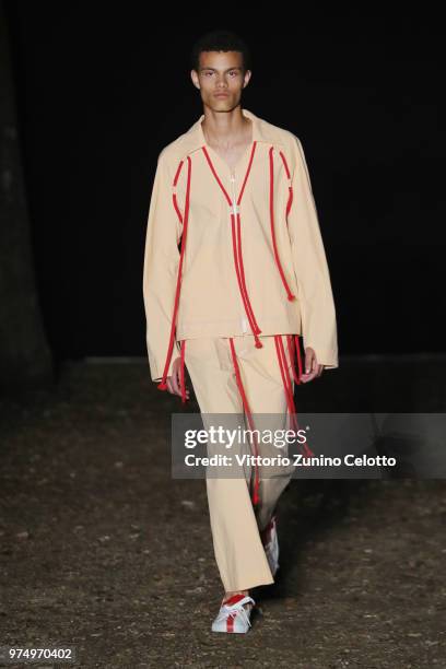 Model walks the runway at the Craig Green show during the 94th Pitti Immagine Uomo on June 14, 2018 in Florence, Italy.