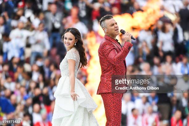 Robbie Williams and Aida Garifullina perform at the opening ceremony perform at the opening ceremony during the 2018 FIFA World Cup Russia group A...