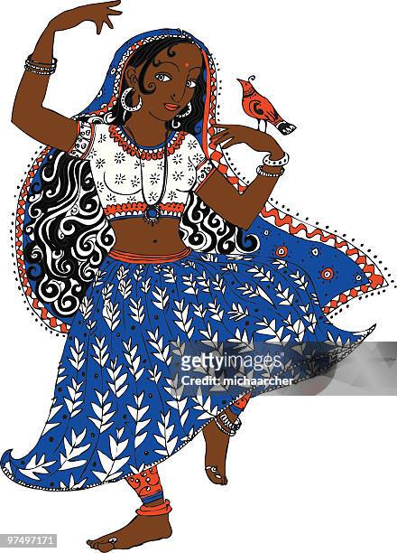 indian dancer with bird - dupatta stock illustrations