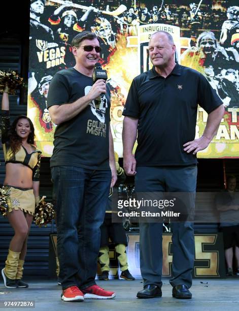 Vegas Golden Knights television play-by-play announcer Dave Goucher and head coach Gerard Gallant speak during the team's "Stick Salute to Vegas and...