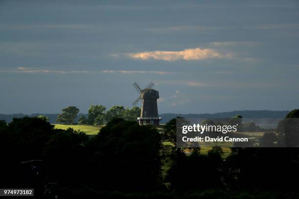 View of the windmill on teh National Golf Links of America seen from the clubhouse during the first round of the 2018 US Open at Shinnecock Hills...