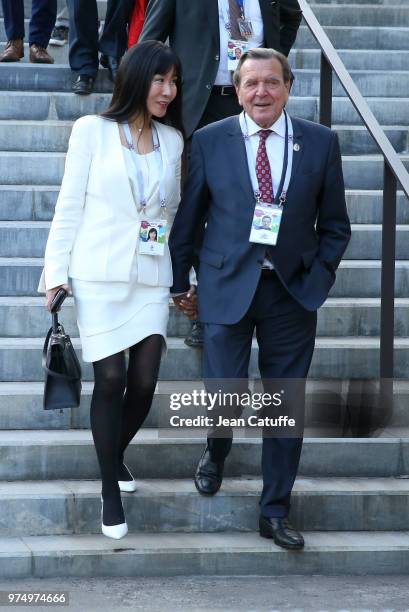 Gerhard Schroder and So-yeon Kim following the 2018 FIFA World Cup Russia group A match between Russia and Saudi Arabia at Luzhniki Stadium on June...