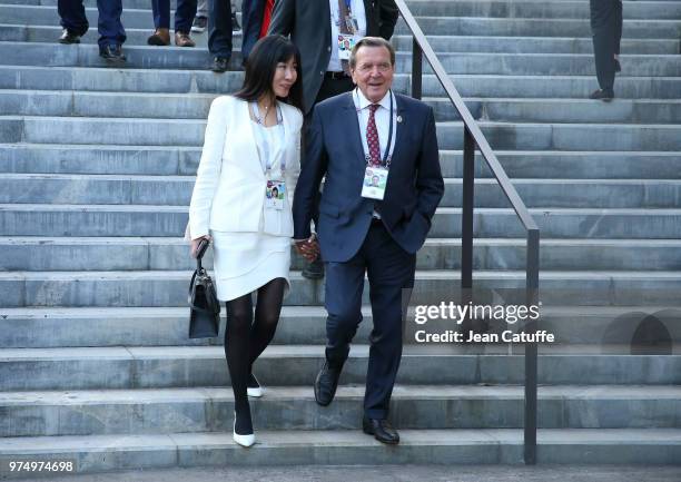 Gerhard Schroder and So-yeon Kim following the 2018 FIFA World Cup Russia group A match between Russia and Saudi Arabia at Luzhniki Stadium on June...