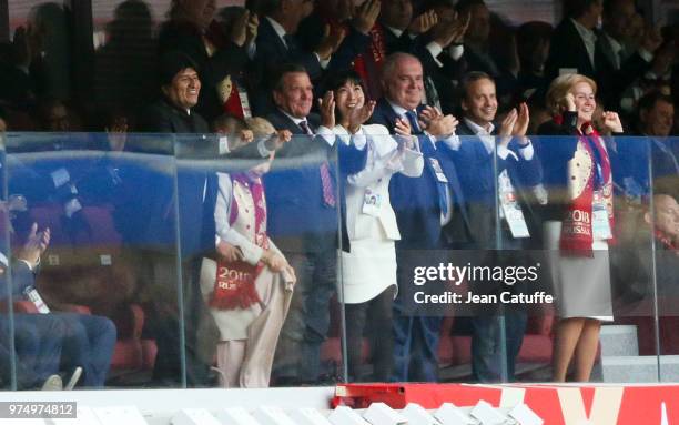 President of Bolivia Evo Morales, Gerhard Schroder and So-yeon Kim celebrate a goal for Russia during the 2018 FIFA World Cup Russia group A match...