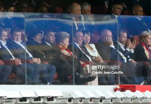 President of Bolivia Evo Morales, Gerhard Schroder and So-yeon Kim during the 2018 FIFA World Cup Russia group A match between Russia and Saudi...