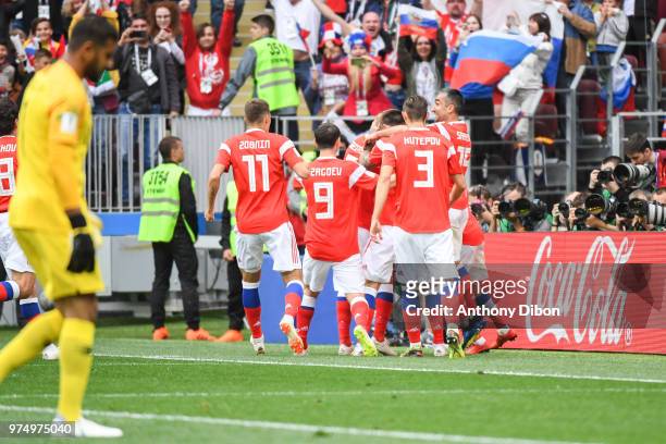 Team of Russia celebrates a goal during the 2018 FIFA World Cup Russia group A match between Russia and Saudi Arabia at Luzhniki Stadium on June 14,...
