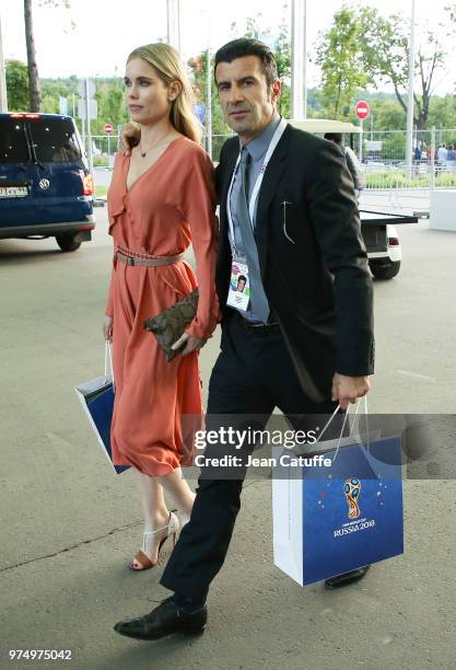 Luis Figo and his wife Helen Svedin following the 2018 FIFA World Cup Russia group A match between Russia and Saudi Arabia at Luzhniki Stadium on...