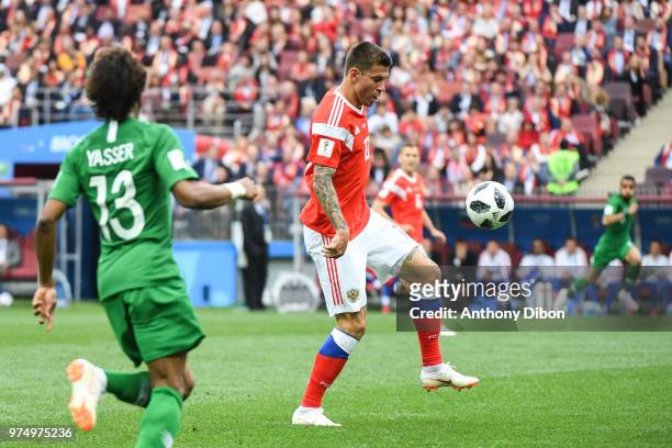 Fedor Smolov of Russia during the 2018 FIFA World Cup Russia group A match between Russia and Saudi Arabia at Luzhniki Stadium on June 14, 2018 in...