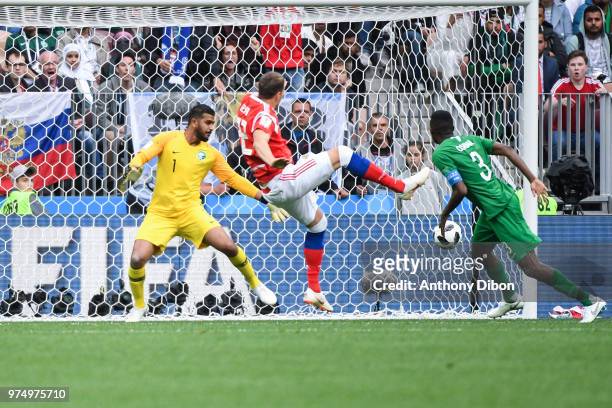 Artem Dzyuba of Russia scores a goal during the 2018 FIFA World Cup Russia group A match between Russia and Saudi Arabia at Luzhniki Stadium on June...