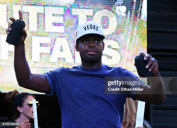 Malcolm Subban of the Vegas Golden Knights throws T-shirts to the crowd as he is introduced at the team's "Stick Salute to Vegas and Our Fans" event...