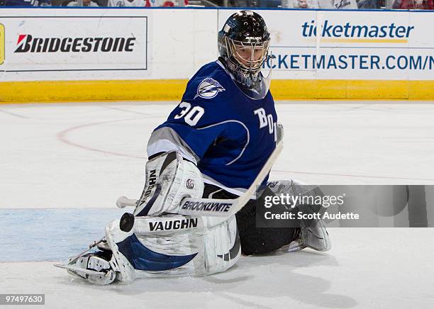 Goaltender Antero Niittymaki of the Tampa Bay Lightning makes a save against the Atlanta Thrashers at the St. Pete Times Forum on March 6, 2010 in...