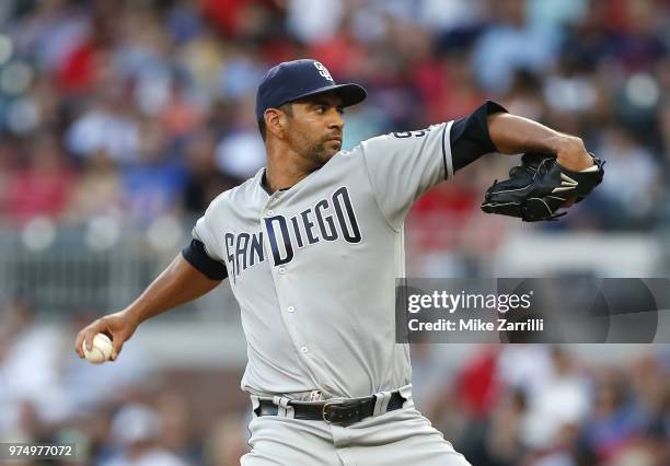 Pitcher Tyson Ross of the San Diego Padres throws a pitch in the third inning during the game against the Atlanta Braves at SunTrust Park on June 14,...