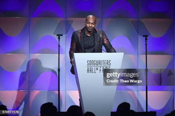 Brandon Victor Dixon speaks onstage during the Songwriters Hall of Fame 49th Annual Induction and Awards Dinner at New York Marriott Marquis Hotel on...