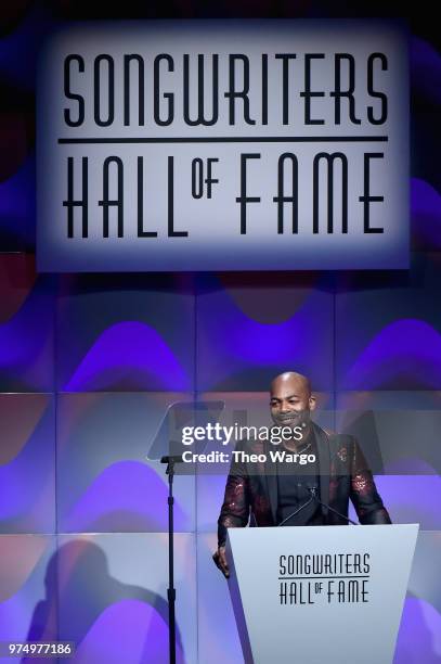 Brandon Victor Dixon speaks onstage during the Songwriters Hall of Fame 49th Annual Induction and Awards Dinner at New York Marriott Marquis Hotel on...