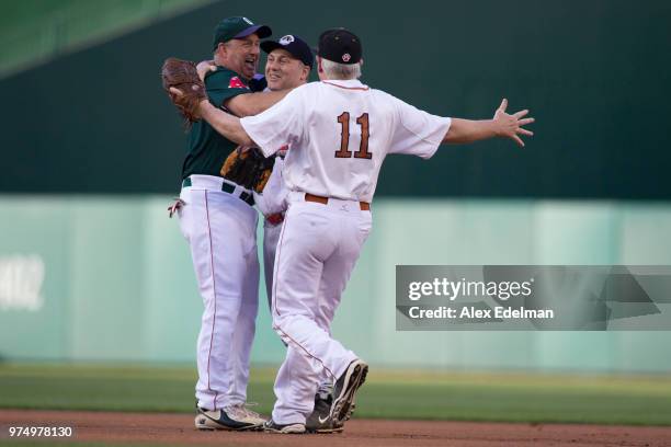 Rep Steve Scalise celebrates with Rep Jeff Duncan , and Rep Mo Brooks after making a play to first base resulting in an out after fielding a ground...