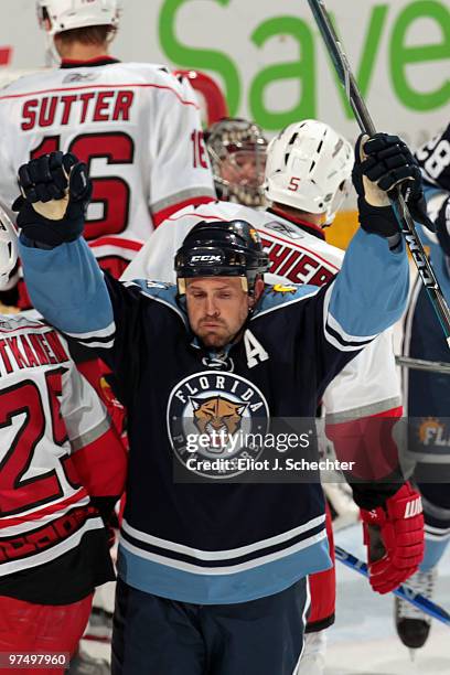 Cory Stillman of the Florida Panthers celebrates a goal against the Carolina Hurricanes at the BankAtlantic Center on March 6, 2010 in Sunrise,...