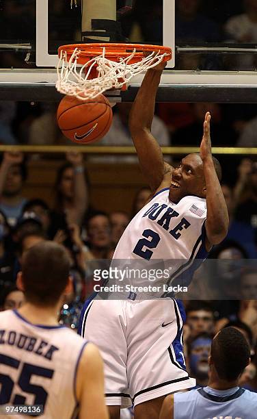 Nolan Smith of the Duke Blue Devils dunks the ball against the North Carolina Tar Heels during their game at Cameron Indoor Stadium on March 6, 2010...