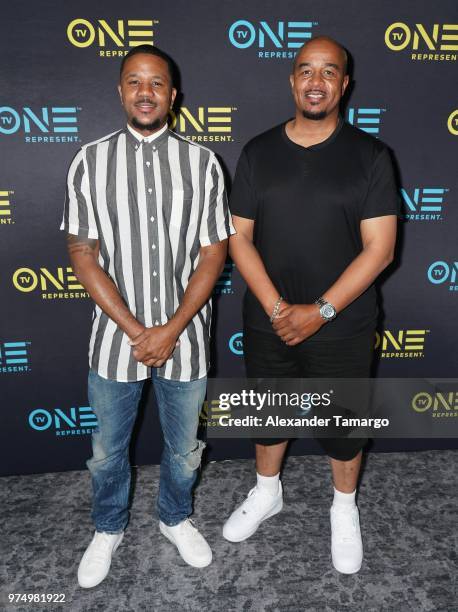 Hosea Chanchez and Timothy Wayne Folsome are seen at the TV One Industry Expo at the American Black Film Festival at the Loews Hotel on June 14, 2018...