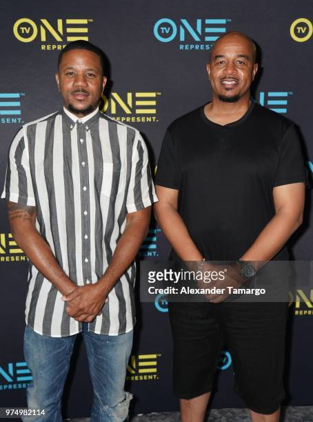 Hosea Chanchez and Timothy Wayne Folsome are seen at the TV One Industry Expo at the American Black Film Festival at the Loews Hotel on June 14, 2018...