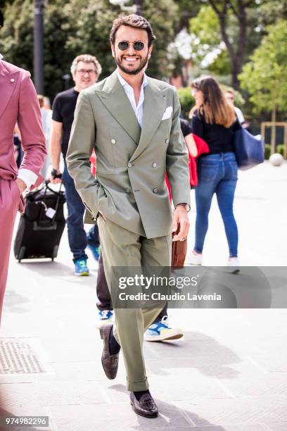Fabio Attanasio, wearing a suit, is seen during the 94th Pitti Immagine Uomo at Fortezza Da Basso on June 14, 2018 in Florence, Italy.