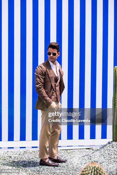 Frank Gallucci, wearing a brown suit and Preventi by Frank Gallucci shoes, is seen during the 94th Pitti Immagine Uomo at Fortezza Da Basso on June...