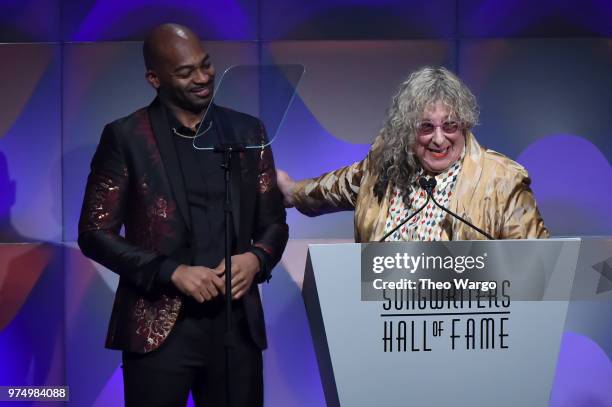 Brandon Victor Dixon presents an award to Songwriters Hall of Fame Inductee Allee Willis onstage during the Songwriters Hall of Fame 49th Annual...