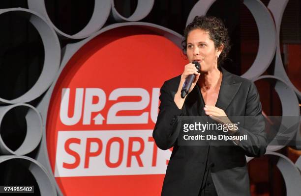 Dana Goldberg speaks onstage during the 2018 Up2Us Sports Gala celebrates Service Through Sports at Guastavino's on June 14, 2018 in New York City.