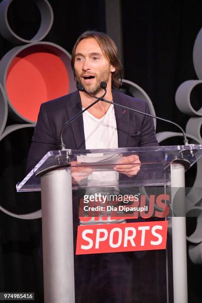 Fitness Personality and Up2Us Sports Ambassador Adam Rosante speaks onstage during the 2018 Up2Us Sports Gala celebrating Service Through Sports at...