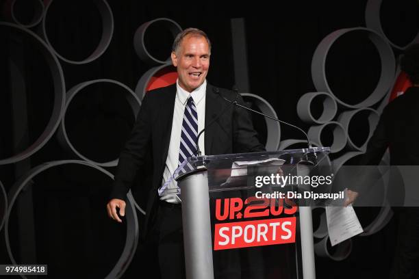 Up2Us Sports Executive Director Paul Caccamo speaks onstage during the 2018 Up2Us Sports Gala celebrates Service Through Sports at Guastavino's on...