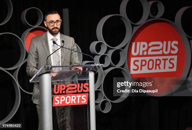 Curtis High School JV Coach Joe Baratta speaks onstage during the 2018 Up2Us Sports Gala celebrates Service Through Sports at Guastavino's on June...