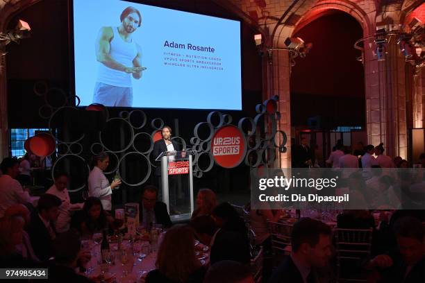 Fitness Personality and Up2Us Sports Ambassador Adam Rosante speaks onstage during the 2018 Up2Us Sports Gala celebrating Service Through Sports at...