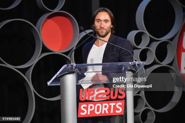 Fitness Personality and Up2Us Sports Ambassador Adam Rosante speaks onstage during the 2018 Up2Us Sports Gala celebrating Service Through Sports at...