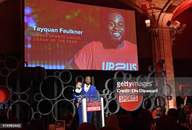 Up2Us Sports Coach and 2018 Coach of the Year Award Winner Tayquan Faulkner accepts award onstage during the 2018 Up2Us Sports Gala celebrating...