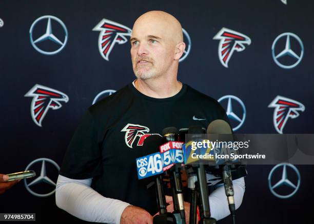 Atlanta Falcons head coach Dan Quinn speaks to the media following Atlanta Falcons minicamp at Falcons headquarters.