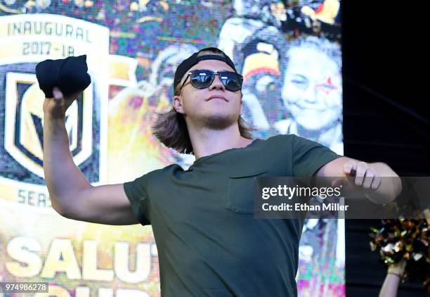 William Karlsson of the Vegas Golden Knights throws T-shirts to the crowd as he is introduced at the team's "Stick Salute to Vegas and Our Fans"...