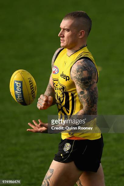 Dustin Martin of the Tigers handballs during a Richmond Tigers AFL training session at Punt Road Oval on June 15, 2018 in Melbourne, Australia.